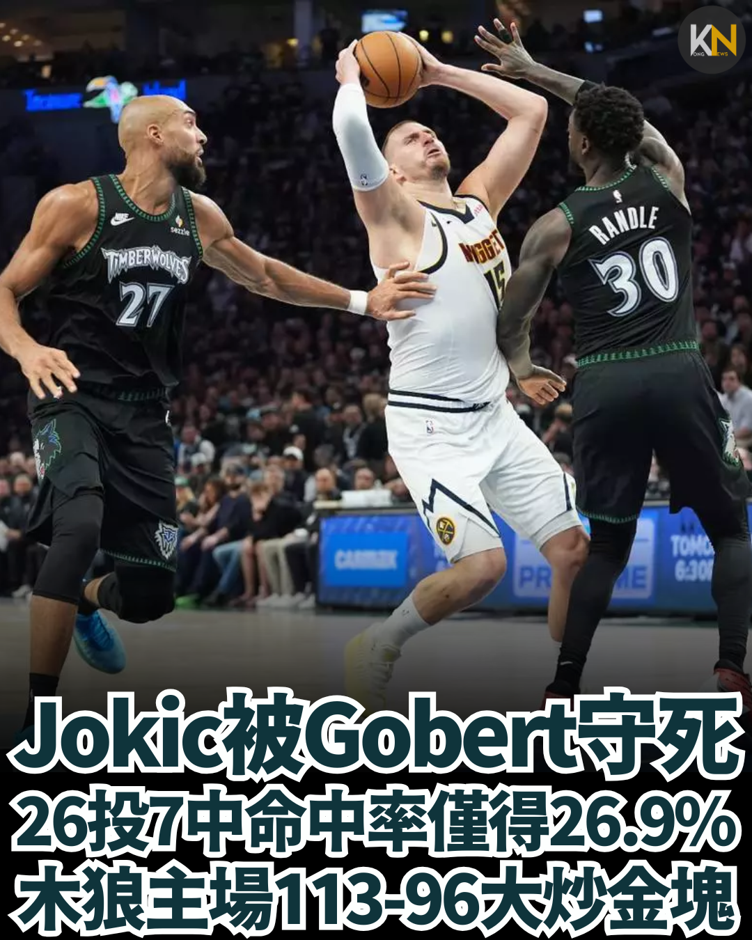 Jokic被Gobert守死 26投7中命中率僅得26.9% 木狼主場113-96大炒金塊