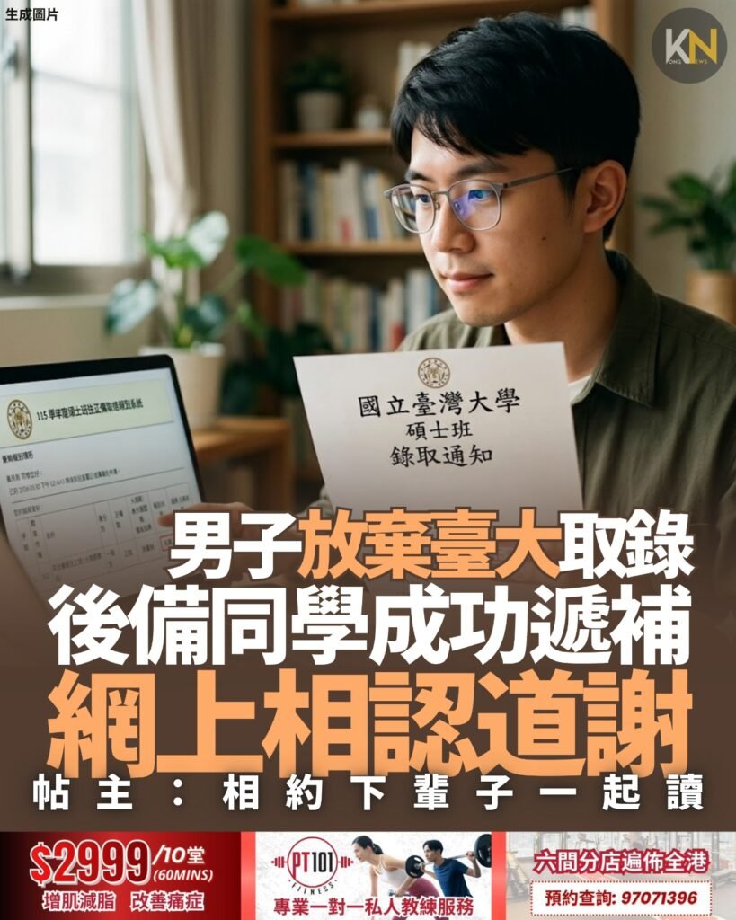 男子放棄臺大取錄 後備同學成功遞補 網上相認道謝 帖主：下輩子再一起讀