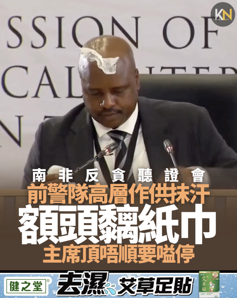 南非反貪聽證會 前警隊高層作供流汗 額頭黐紙巾 主席頂唔順要嗌停