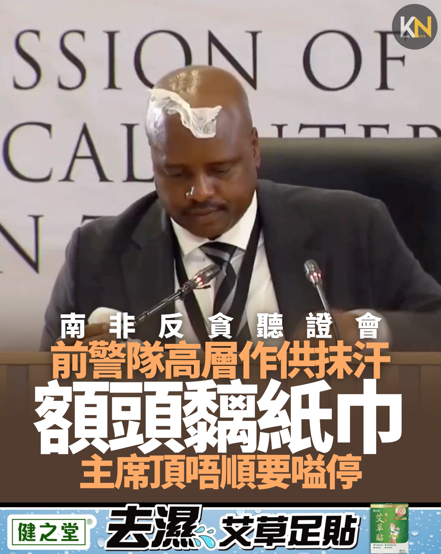 南非反貪聽證會 前警隊高層作供流汗 額頭黐紙巾 主席頂唔順要嗌停