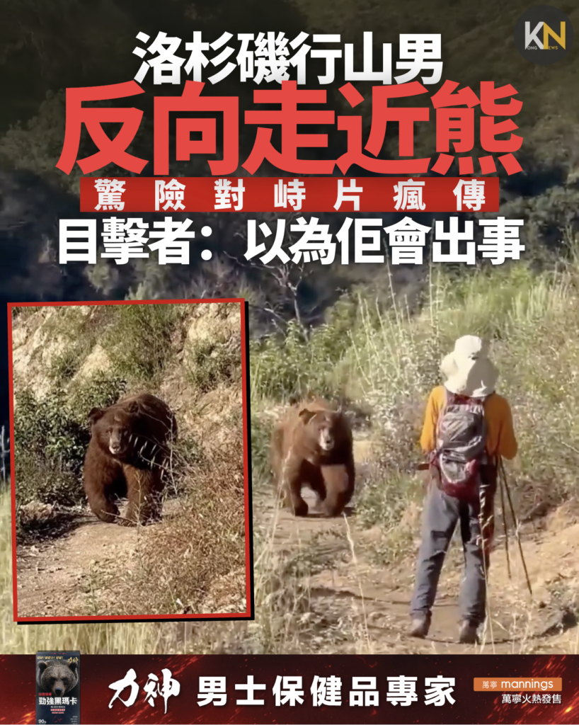 洛杉磯行山男反向走近巨熊 驚險對峙片瘋傳 目擊者：以為佢會出事