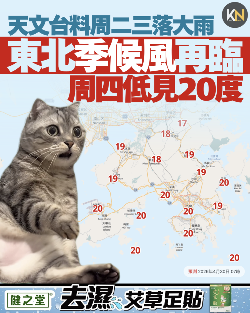 天文台料周二三落大雨 東北季候風再臨 周四低見20度