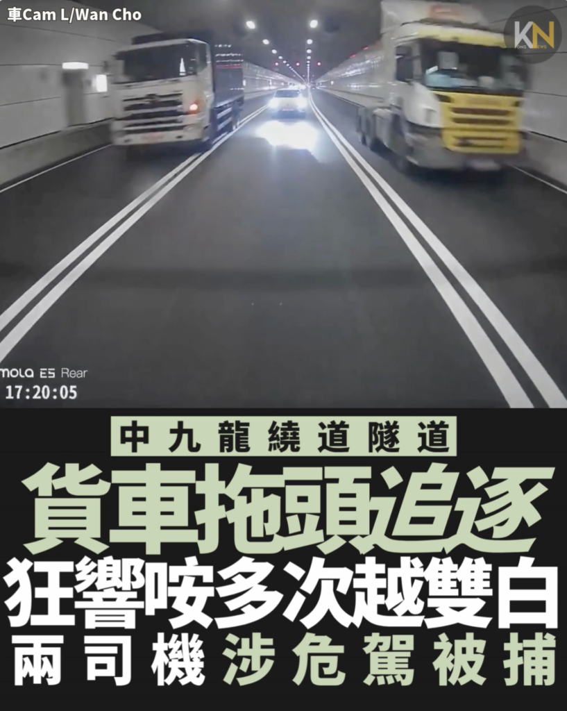 中九龍繞道隧道 貨車拖頭追逐 狂響咹兼多次橫越雙白線 兩司機涉危險駕駛 